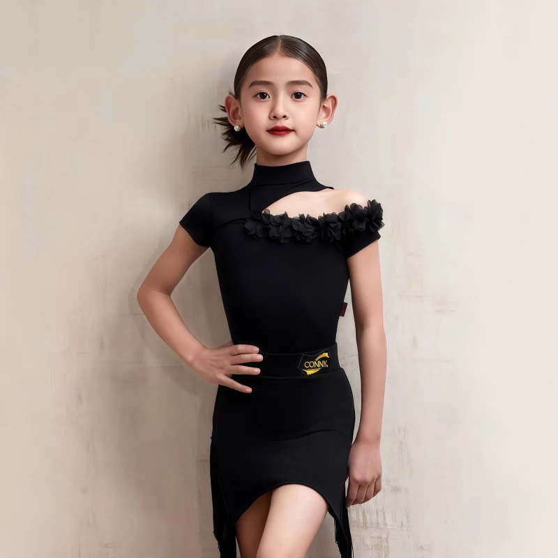 CONNY拉丁舞服装女儿童流苏裙子短袖连体上衣舞蹈练功演出表演服