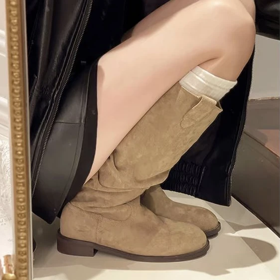 2025新款秋季中跟圆头高筒长筒靴子女西部牛仔粗跟骑士靴堆堆靴潮