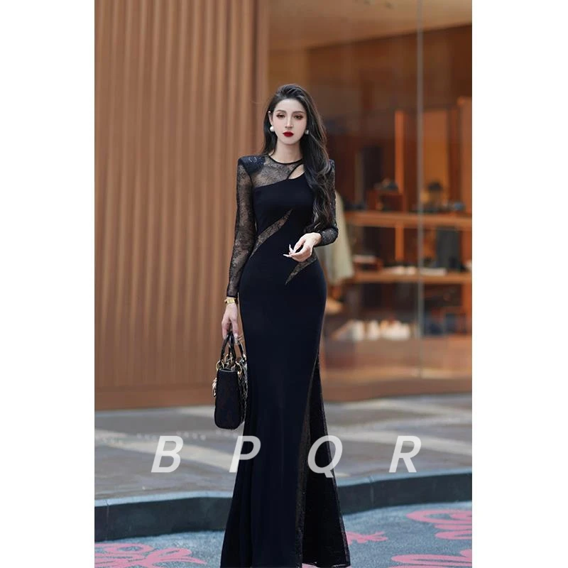 BPQR原创高定轻奢水晶麻拼接蕾丝长袖法式名媛宴会连衣裙