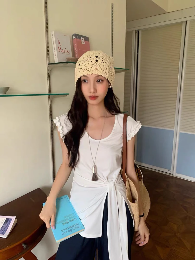 灰灰呀！82598 百搭不规则U领精致木耳边侧绑显瘦短袖T恤