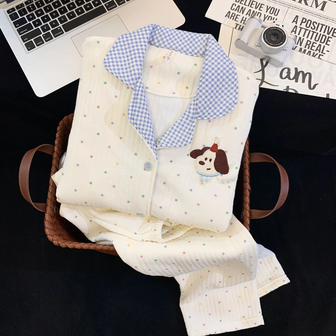 【秋冬加厚夹层-甜豆狗狗】长袖睡衣女保暖空气棉可爱秋冬家居服