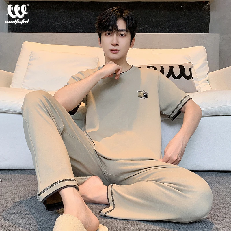 男士春夏季纯棉睡衣纯色简约短袖长裤加大码宽松可外出家居服套装