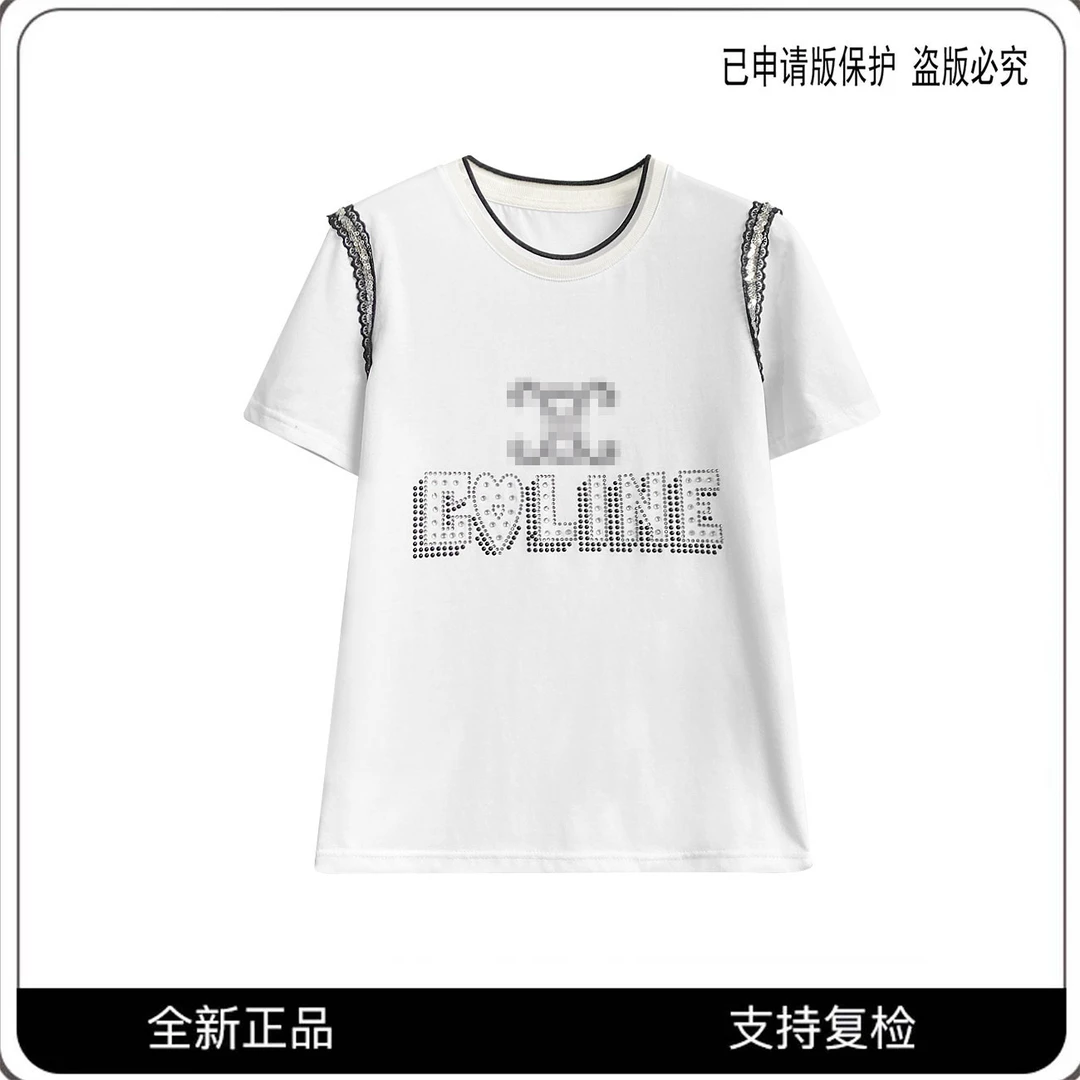 【澳门港正品】68069#重工蕾丝拼接烫钻T恤2025百搭个性潮流上衣