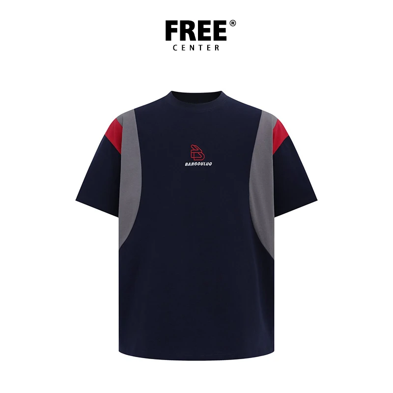 Free Center美式复古撞色拼接圆领短袖T恤男女宽松休闲运动上衣潮
