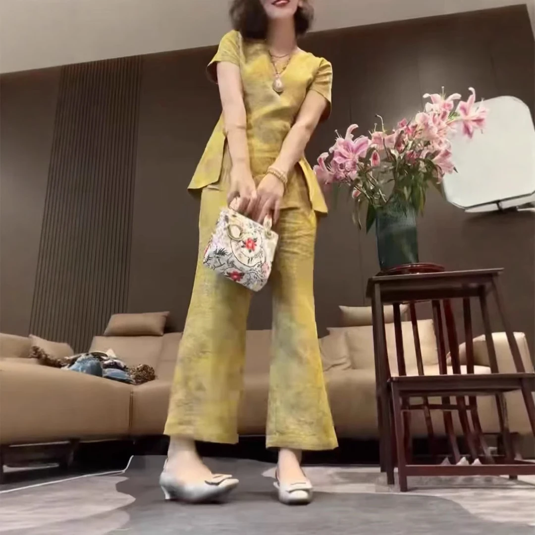 2025夏季新款国风印花高级感优雅短袖上衣时尚显瘦阔腿裤两件套女