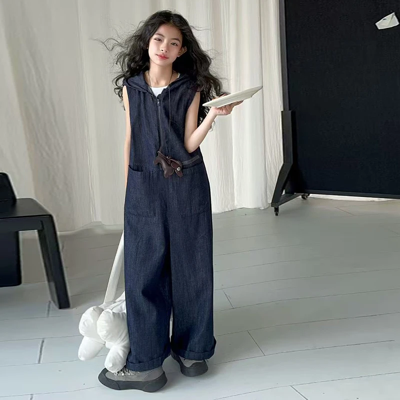 【福利款】女童夏季无袖连帽背心连体裤套装2025新款韩版牛仔连体衣