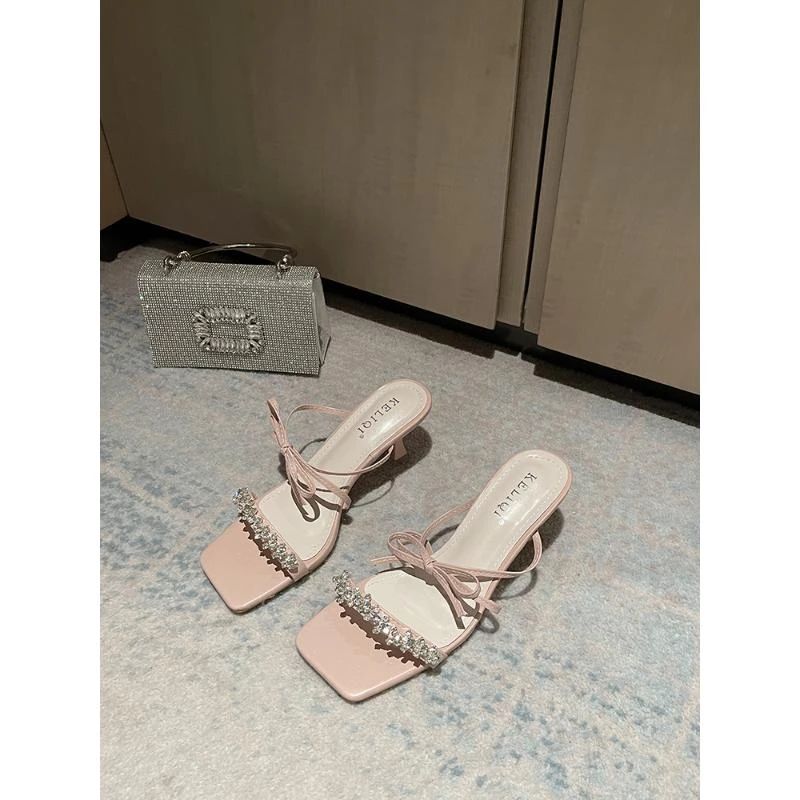 好温柔~粉红色高跟鞋女夏季配裙子气质蝴蝶结水钻露趾仙女风凉鞋