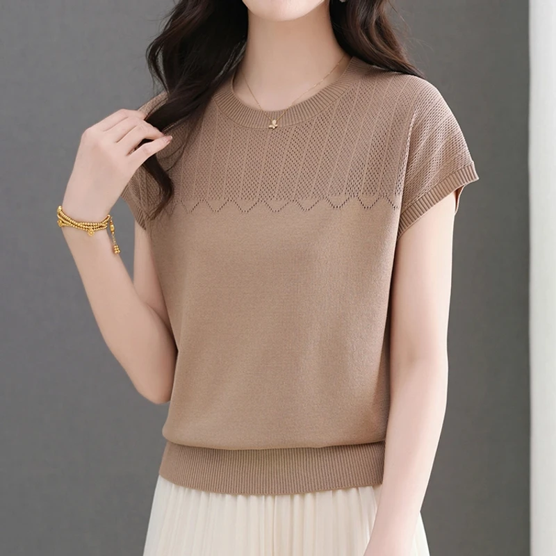 夏季100%天丝女士圆领宽松显瘦套头百搭减龄短款时尚短袖针织衫
