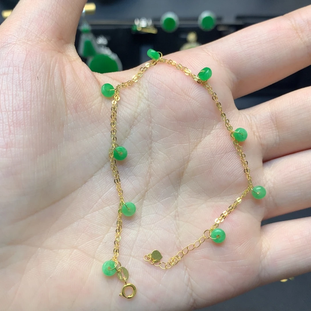 骄***毛翡翠18K金镶嵌手链有纹裂