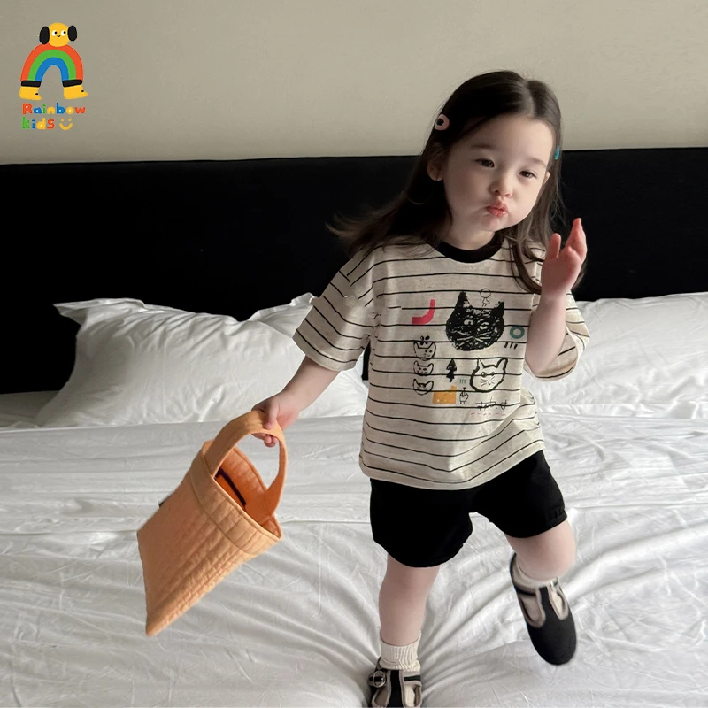 【Rainbow】2025夏款韩系休闲猫咪T纯色短裤套装-88048