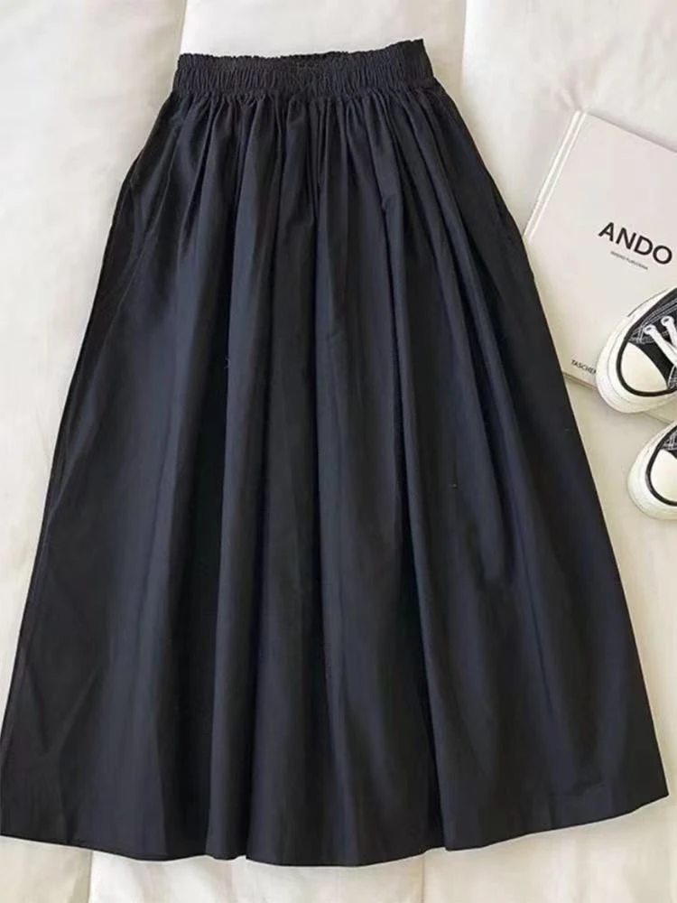 艳儿家【夏季高腰半身裙】A字裙文艺复古风松紧腰百褶裙中长款