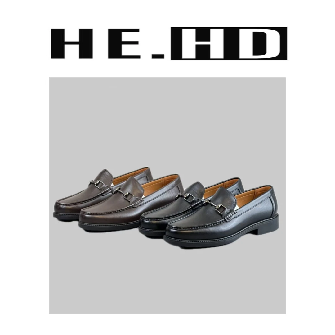 春夏款真皮商务柔软套脚乐福鞋百搭胶粘透气休闲皮鞋男款黑色