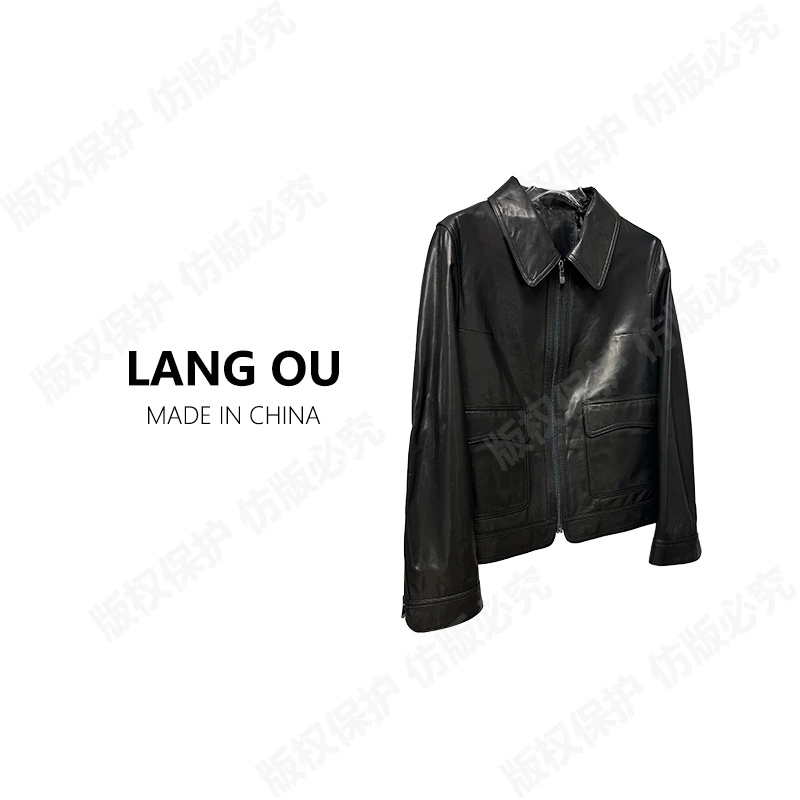 GEGUNI“黑珍珠”秋冬复古老钱风短款方领山羊皮真皮双拉链皮衣8329
