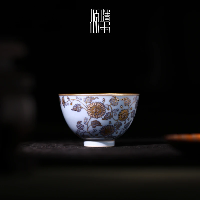 清本源茶具内模印冰梅开窗宋锦蓝菊描金鸡心杯品茗杯饮杯功夫茶道