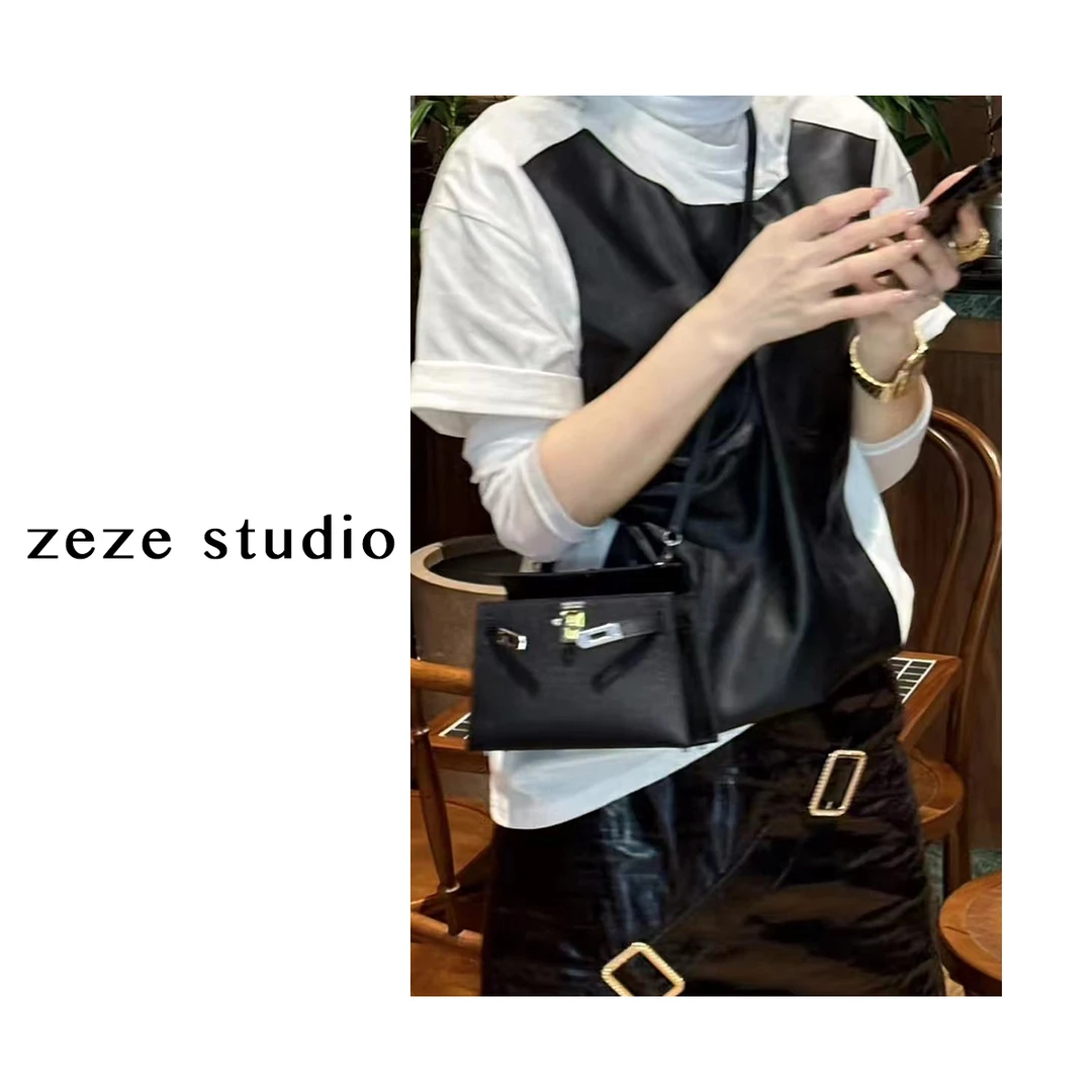 YUAN YI LING【时髦精】24夏纯棉时尚拼接设计感pu蛋白皮质短袖8766