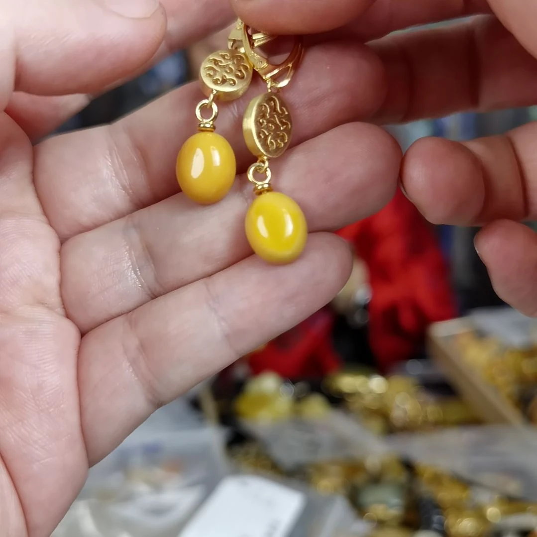 琥珀耳饰银S925镀金镶嵌多样性发货其一