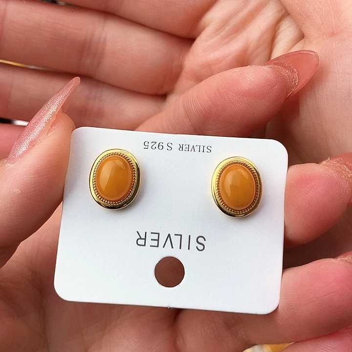 蜜蜡耳饰银S925镶嵌耳饰