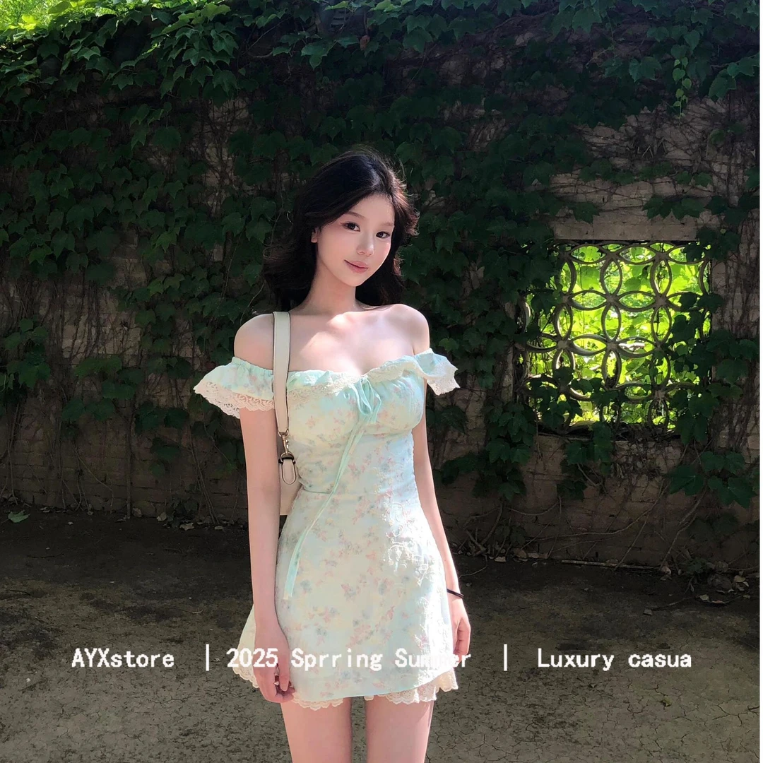 AYXstore现货！甜美薄荷绿小飞袖收腰吊带碎花连衣裙女夏季短裙子