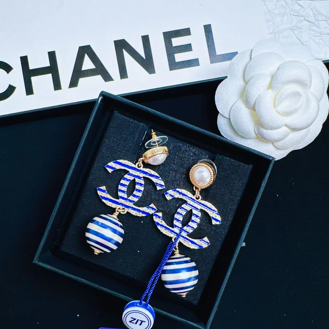 95新 Chanel/香奈儿 柚礼中古/香奈儿蓝白条纹双C耳钉LZ501361
