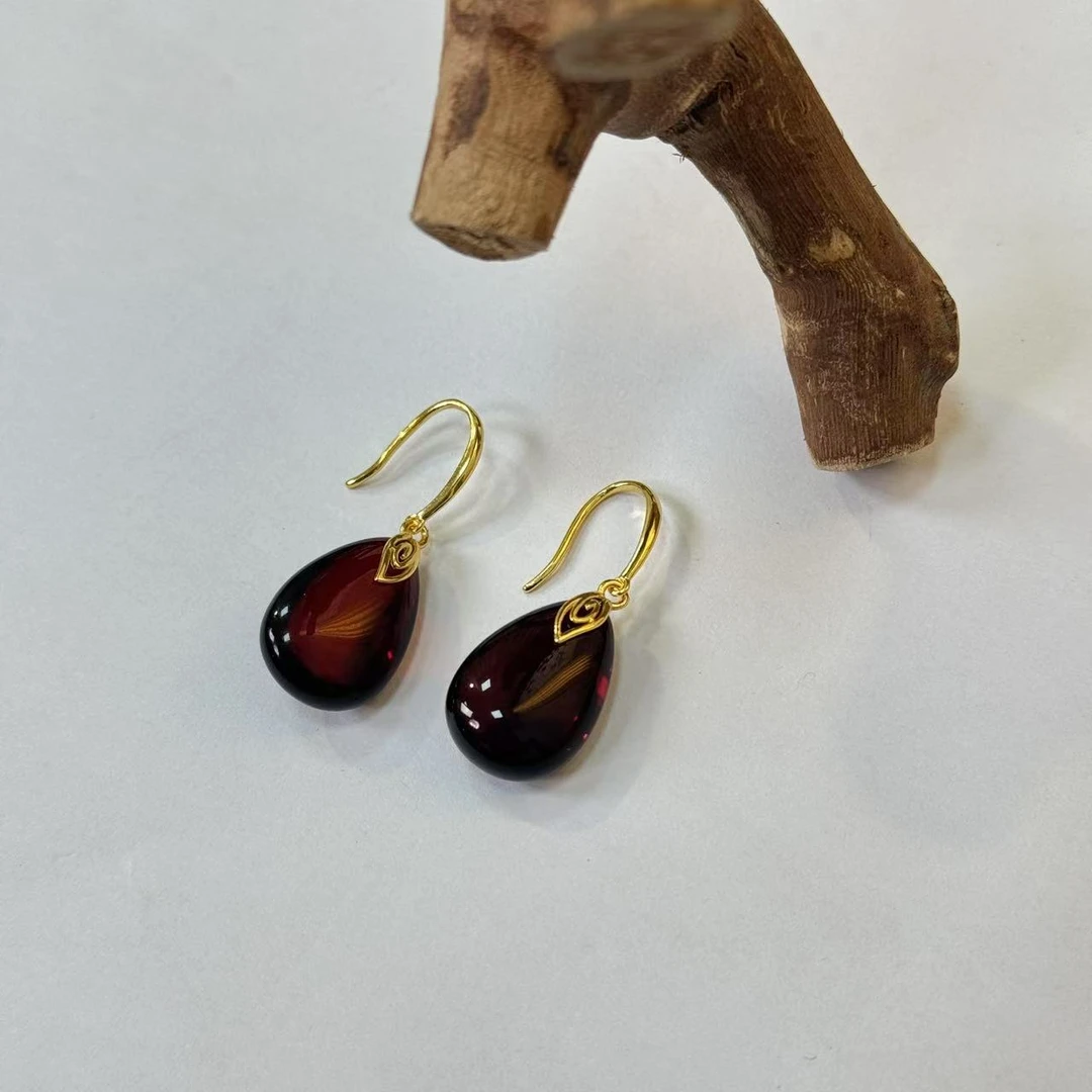 【景滢】天然琥珀血珀水滴耳坠古风设计耳饰 多样性发一对