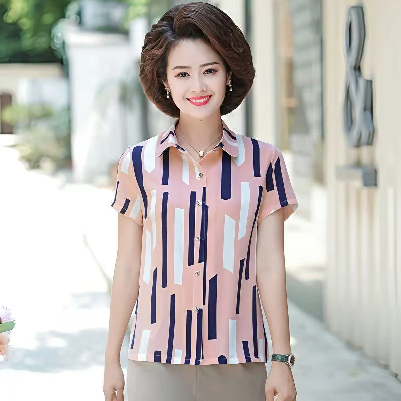 6098-夏季短袖衬衫中老年妈妈装时尚T恤遮肚显瘦