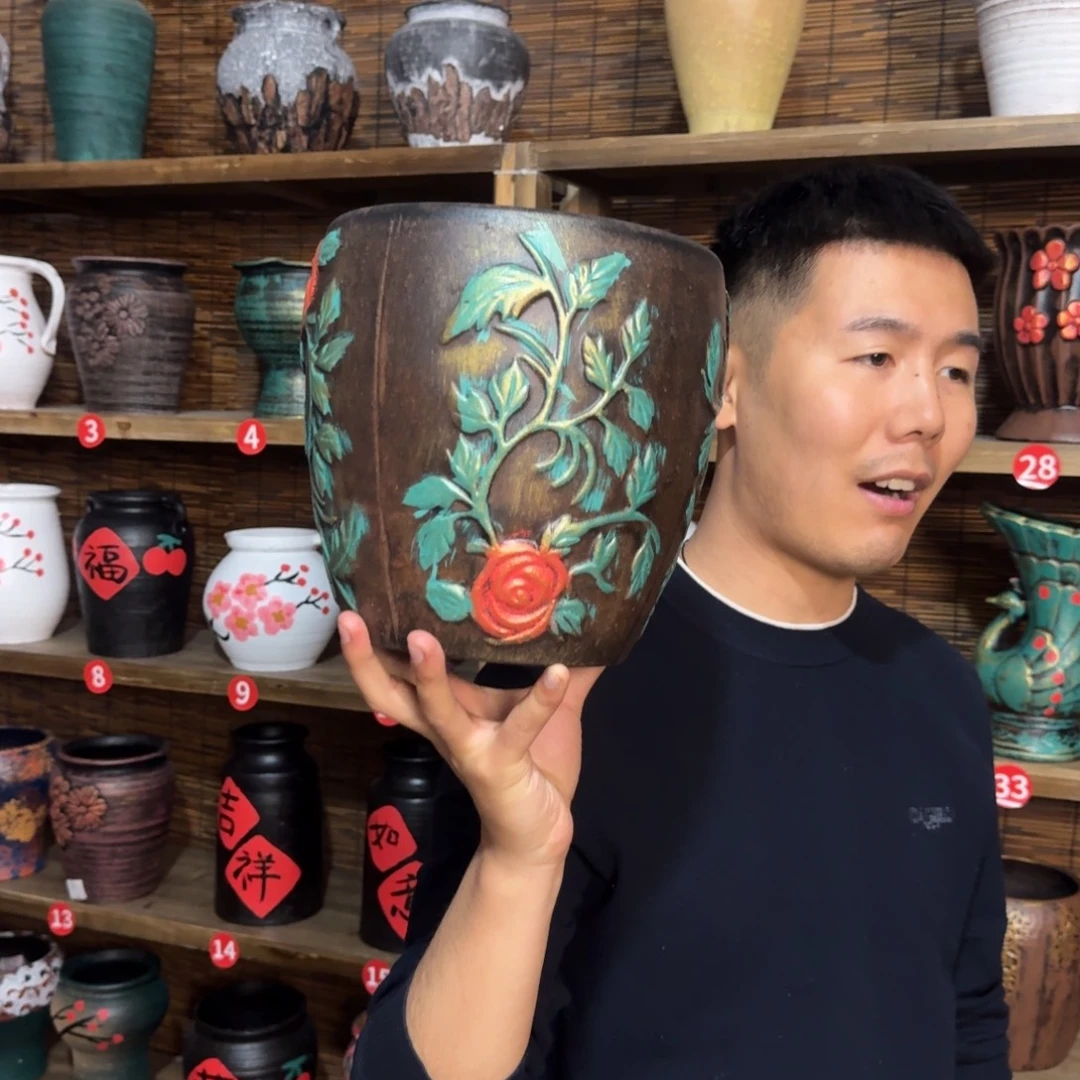 红陶浮雕花盆炸炸炸