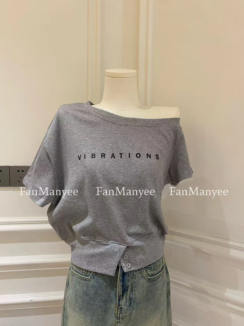 【随性出街】春夏斜肩字母印花简约宽松下摆开叉休闲百搭短袖上衣