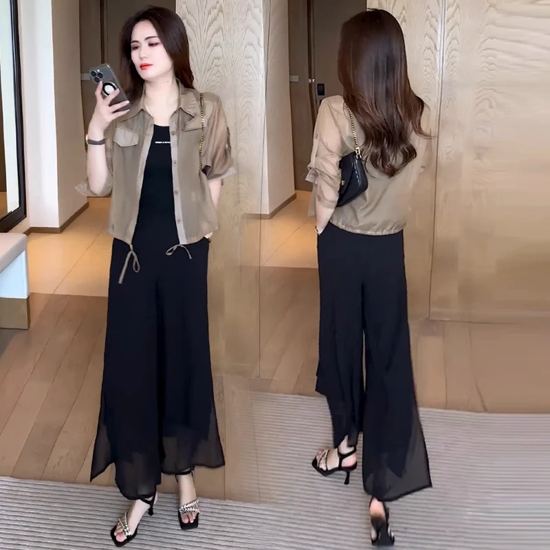 时尚洋气薄款防晒衣衬衫女2025夏季新款宽松显瘦冰丝外披两件套潮