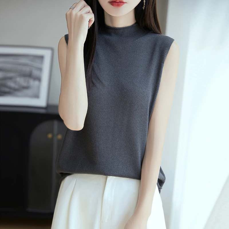 半高领无袖针织背心静奢极简风薄款宽肩吊带韩版夏季百搭减龄宽松