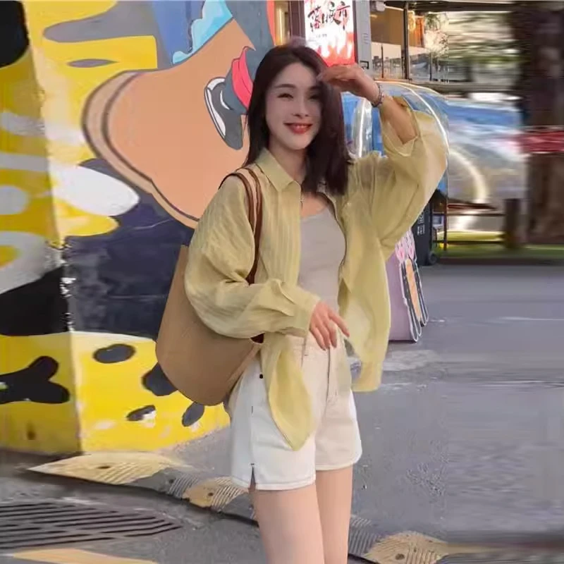2025夏季新款女士韩系休闲气质防晒衬衫小个子慵懒风透气轻薄上衣