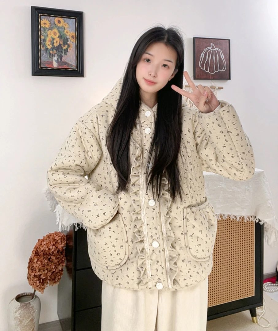 碎花斜纹三层加绒加厚家居服冬季连帽短款上衣可外穿睡衣女士
