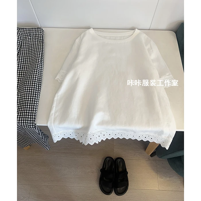 REKAYYAT“花期”亚麻简约洋气仙女系通勤纯色圆领花边小衫短袖T恤