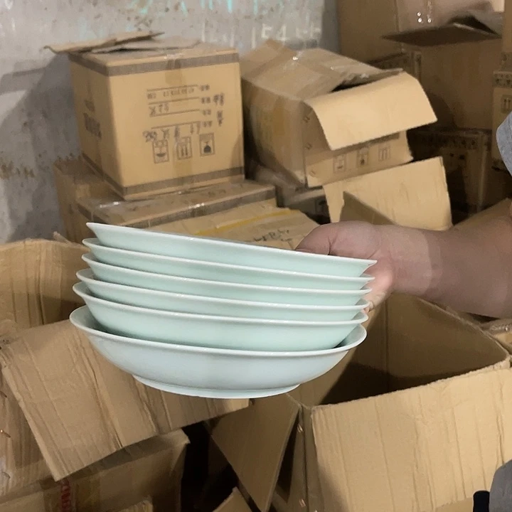 瓷片青瓷八英寸深盘六个，微瑕包邮