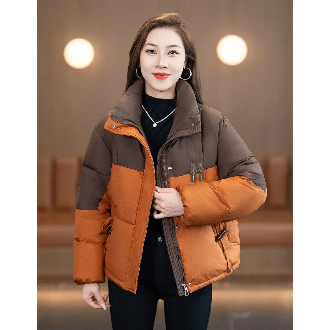 时尚韩版立领拼色棉服女短款冬季新款宽松显瘦保暖棉衣面包服外套