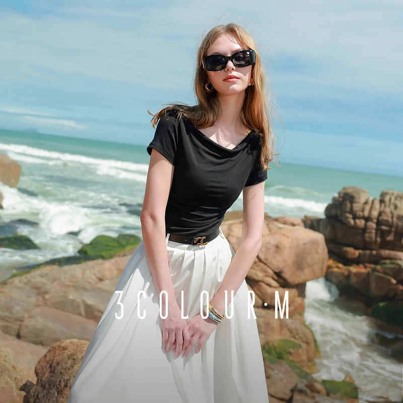 三彩2025夏季新款一字领T恤纯色修身套头衫抽褶显瘦短款优雅M