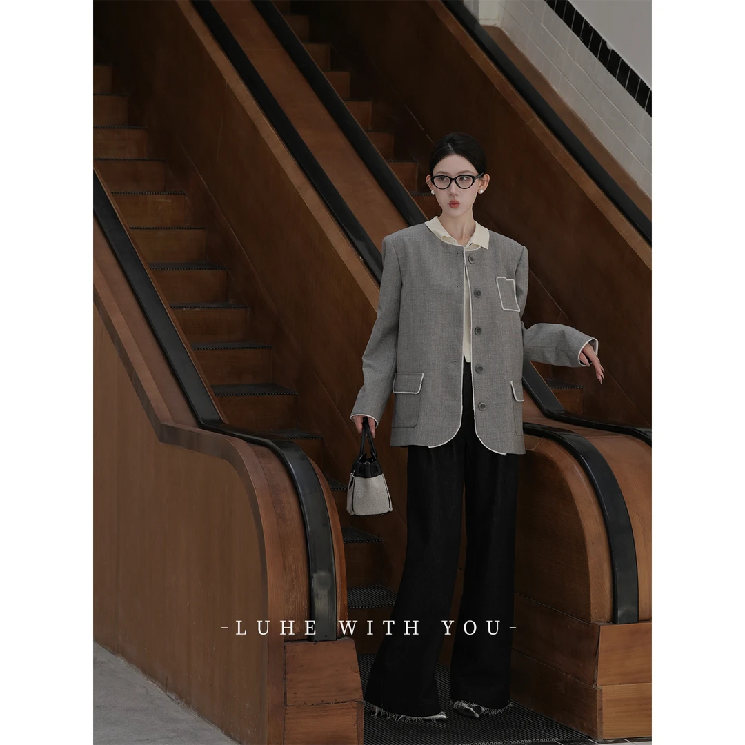 LUHE【济州往事】hehe私服~静奢格雷系人棉肌理圆领外套
