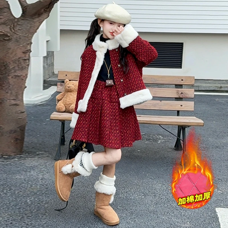 女童冬装小香风套装红色儿童拜年服2025新款女孩喜庆夹棉中大童厚