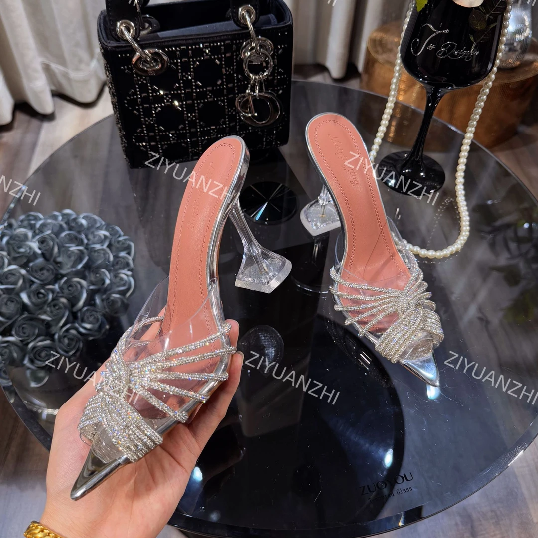 【柒七匠心】鱼嘴半拖透明交叉水钻高跟鞋仙女尖头水晶凉鞋银色婚鞋
