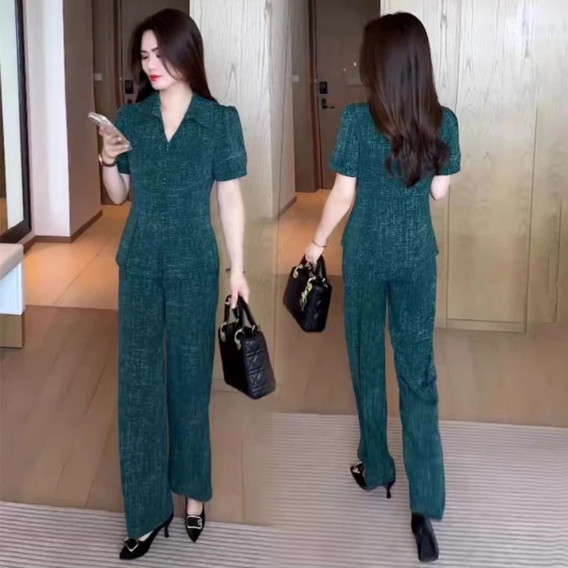 时尚套装女2025夏季新款时髦洋气质减龄V领短袖衬衣阔腿裤两件套