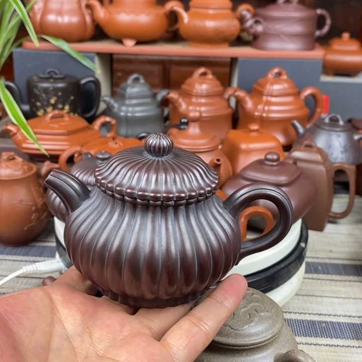 茶壶紫砂筋纹潘壶200cc原矿老紫泥还原烧