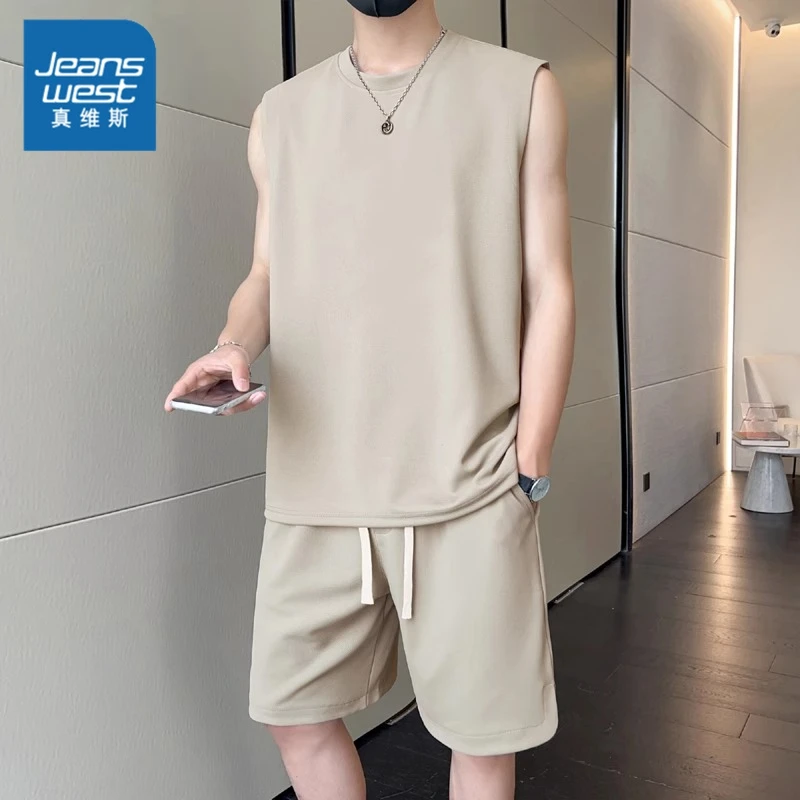 真维斯冰丝无袖t恤男士夏季薄款速干背心短裤休闲运动篮球服套装