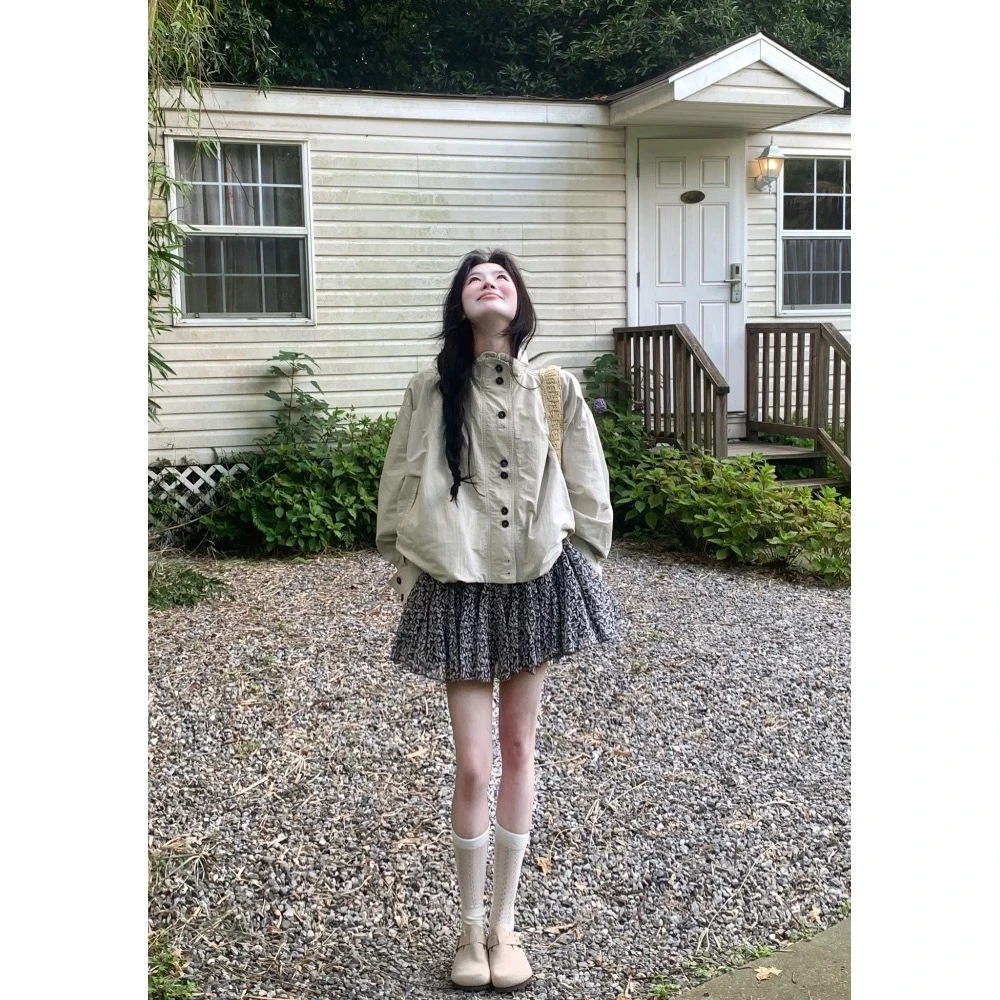 设计感立领纯色长袖外套上衣女秋季碎花半身裙短裙两件套