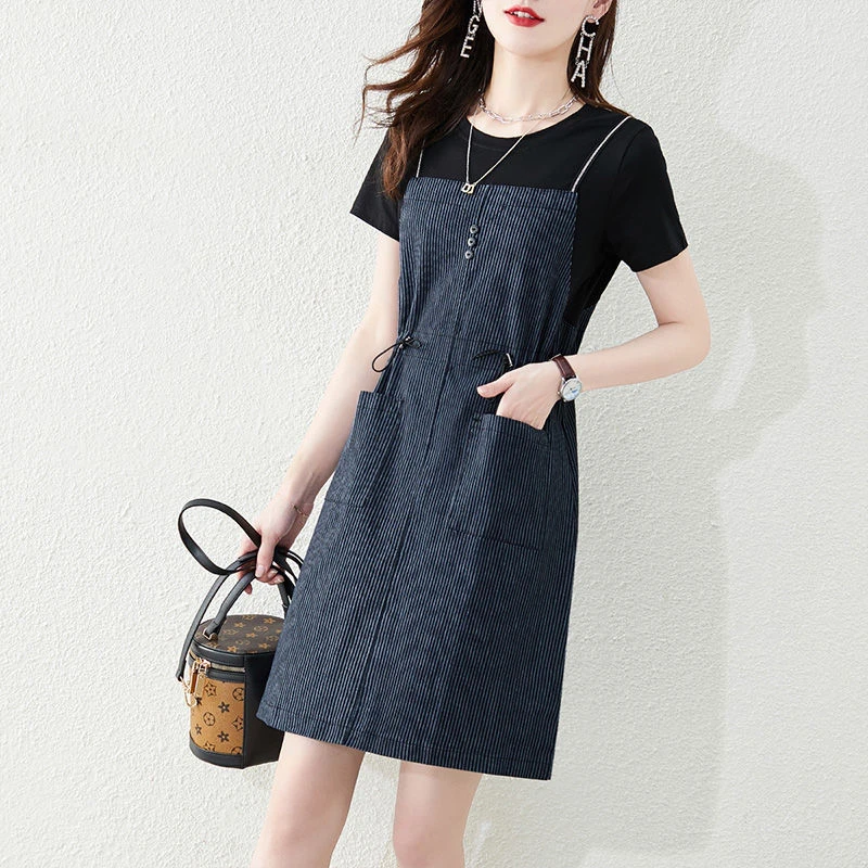 拼接假两件套连衣裙女装2022夏季新款薄款牛仔裙气质条纹背带裙子