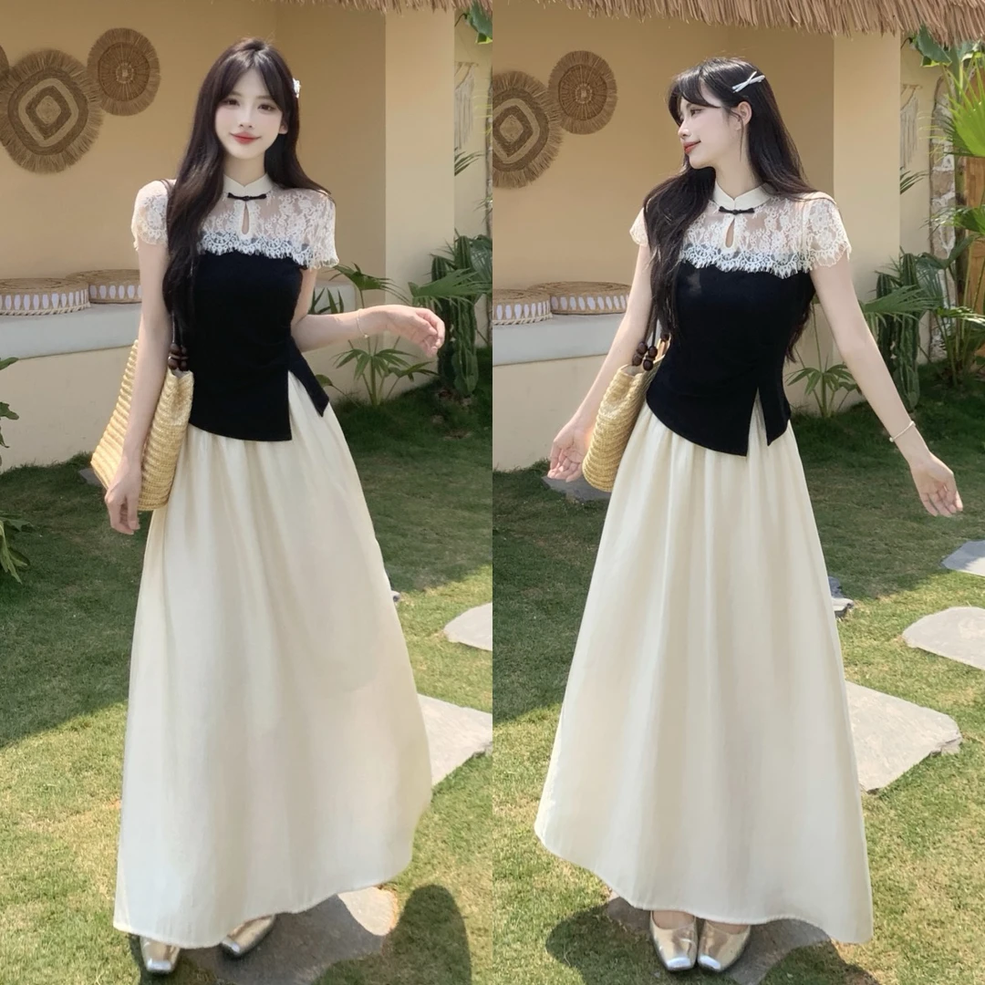 大码新中式蕾丝拼接短袖t恤夏显瘦设计感半身裙两件套装