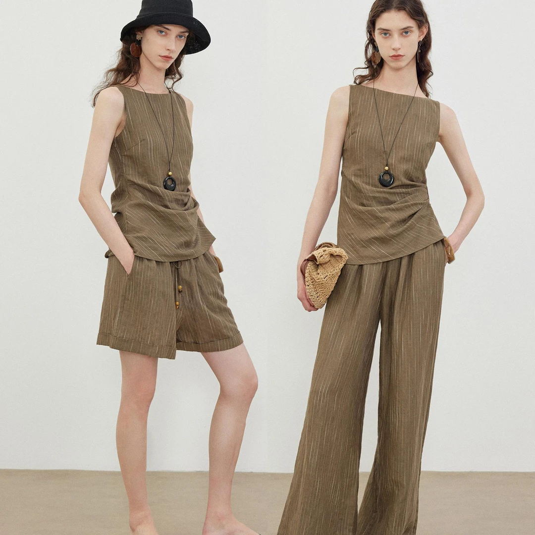 摩登轻度假 法国条纹雨露麻老钱一字领上衣/阔腿裤/短裤三件套