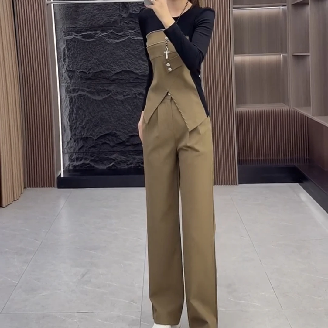 有弹力常规拼接长袖常规款T恤直筒裤套装网红百搭显瘦两件套