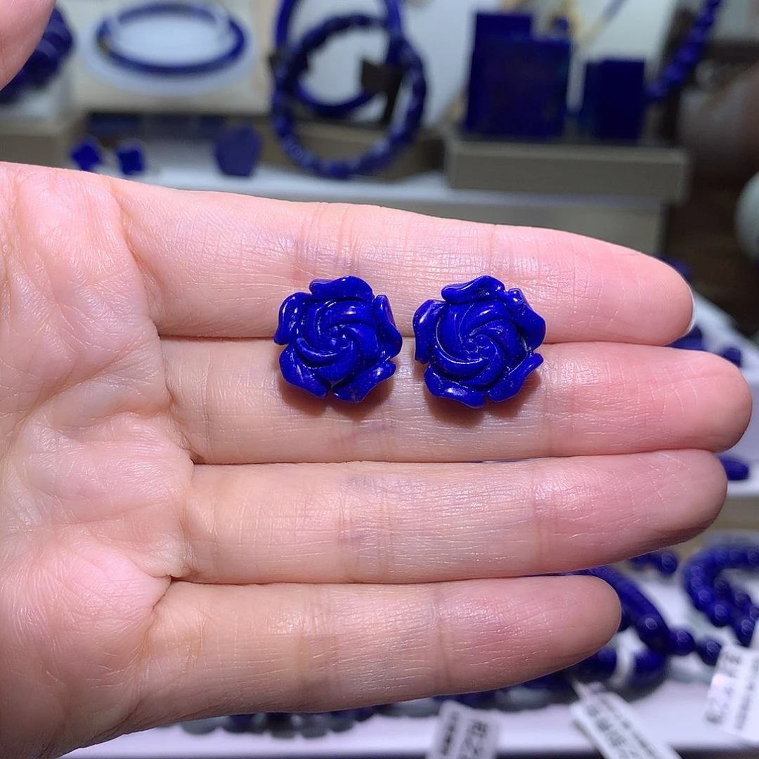 青金石合金天然原矿玖瑰花耳钉16m