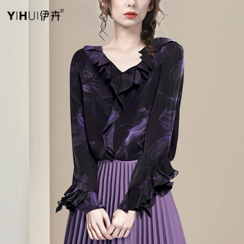 YIHUI伊卉春装荷叶边印花宽松雪纺衫上衣女缎面打底衫SC255587