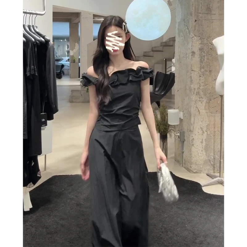 2025夏季新款高级感修身花边一字领修身上衣气质高腰显瘦半身裙