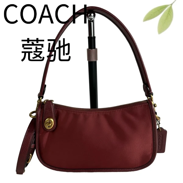 99新 COACH/蔻驰 酒红降落伞拼皮单肩斜挎包G25116769底长23X13